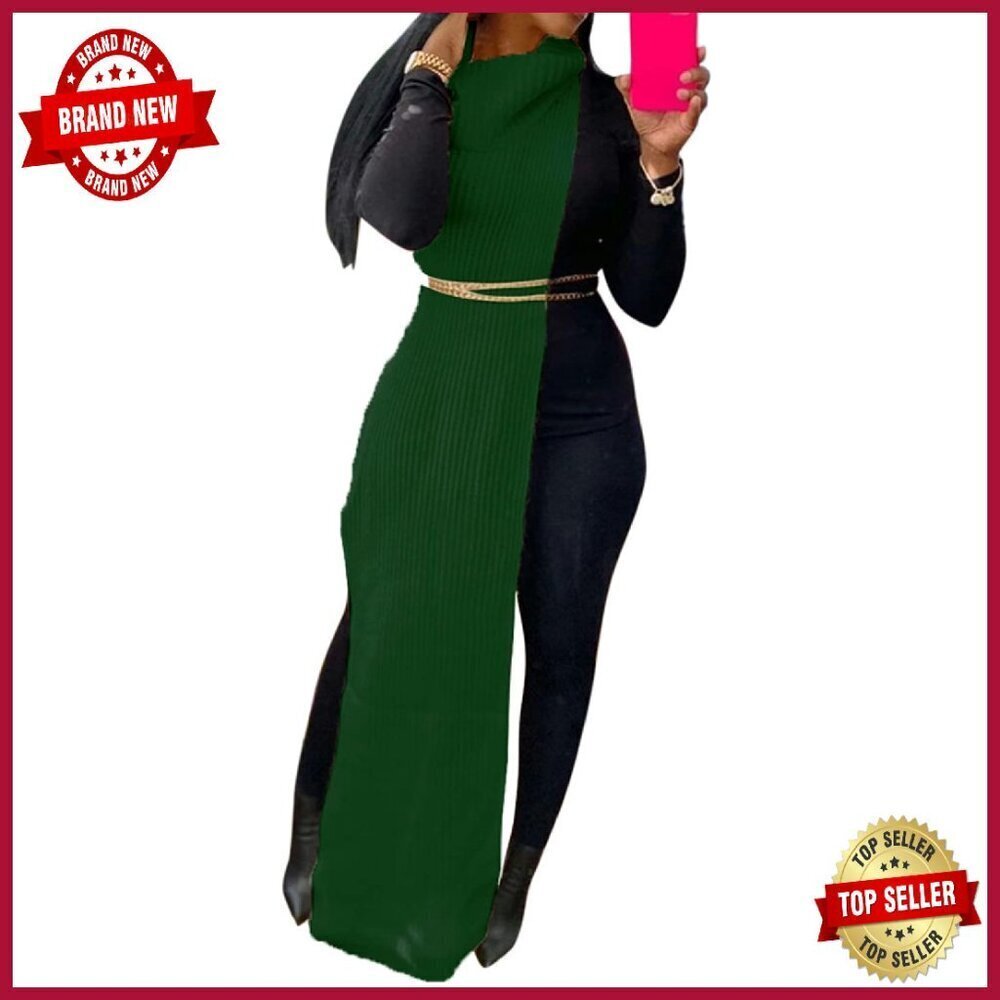 Sleeveless Turtleneck Maxi Dress Ribbed Knit Pullover High Slit
